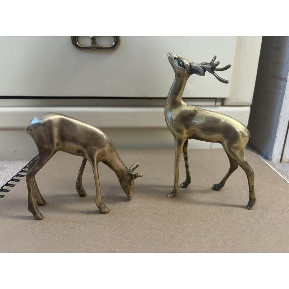 Large Pair Brass Deer Buck Doe Statue Reindeer Figurine Set Mid Century MCM